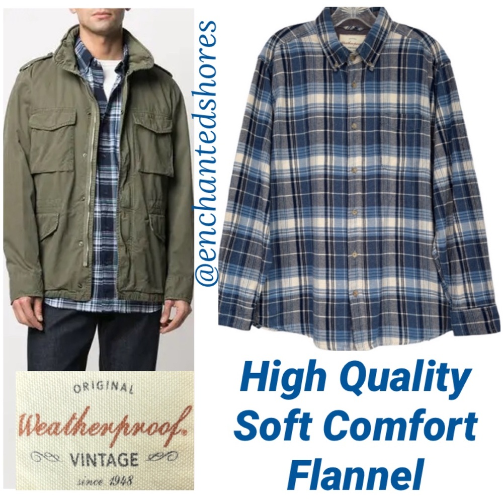 Mens Flannel Shirt Weatherproof Vintage Wash Blue Gray Plaid Mens Size Large